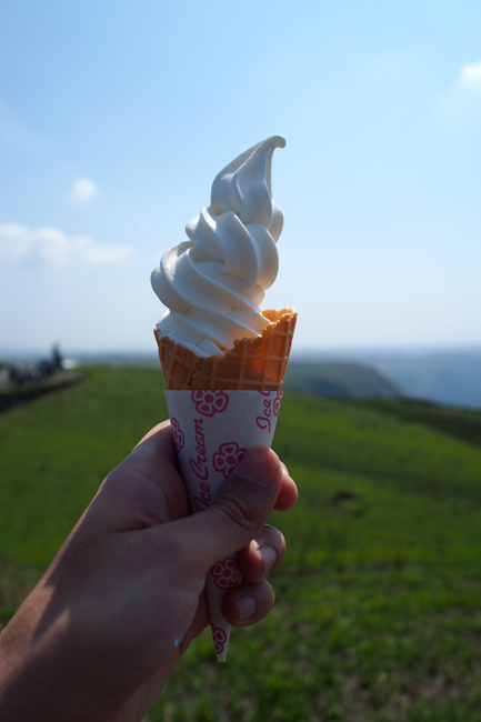 大観峰で食べるソフトクリーム